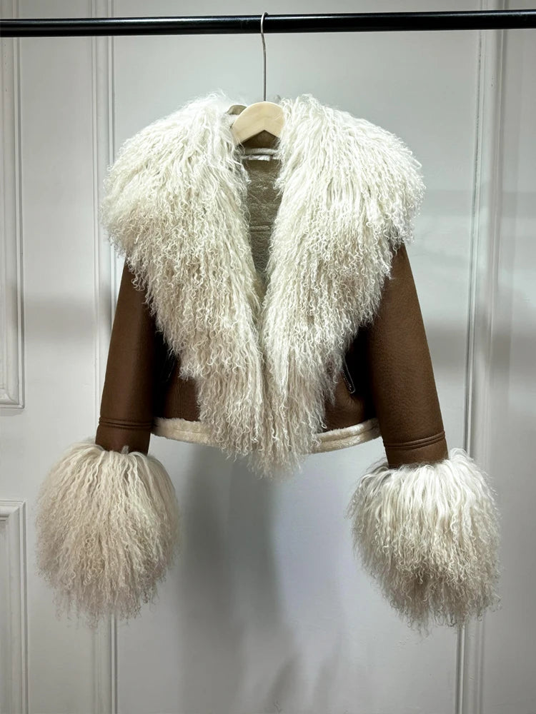 2025 Winter Women Warm Faux Leather Sheepskin Coat Female Zipper Slim Streetwear Moto Biker Jacket Large Real Wool Fur Collar - Matrix Studios
