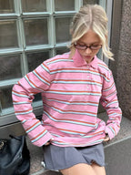 Wolfeel  Women's Vintage Inspired Retro Striped Polo Collar Oversized Drop Shoulder Long Sleeve  T-Shirt Trendy  Casual Top - Matrix-studios.com