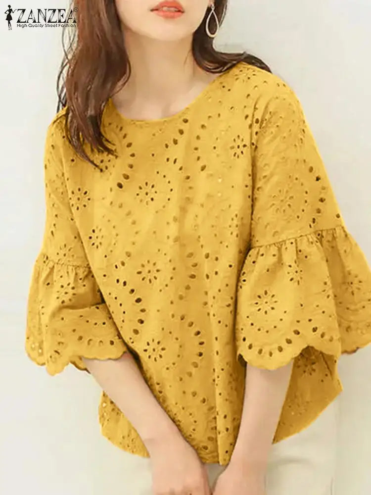 ZANZEA Fashion Summer 3/4 Sleeve Hollow Out Blouse Women Elegant Lace Crochet Tops Casual Loose Embroidery Shirt Work Blusas - Matrix-studios.com