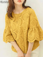 ZANZEA Fashion Summer 3/4 Sleeve Hollow Out Blouse Women Elegant Lace Crochet Tops Casual Loose Embroidery Shirt Work Blusas - Matrix-studios.com