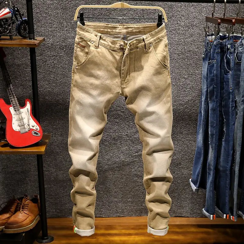 American Elastic Straight Jeans Men Ripped Worn-out Slim-fit Cotton Denim Pants Korean Style Fashion Blue Black Men's Clothing - Matrix Studios