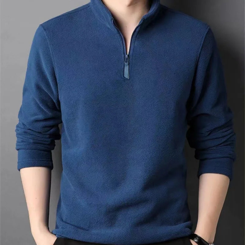 Autumn Winter New Warm Polo Shirts Men's Lamb Wool Sweatshirt Standing Neck Half Zip Long Sleeve Fashion Versatile Men Tees Tops - Matrix Studios