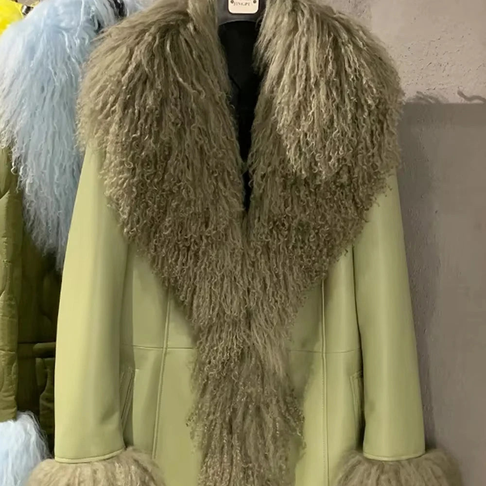 Suede Coat Fur Collar Women Autumn Genuine Sheepskin Coat Long with Mongfolian Fur Trim - Matrix Studios