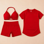 3 Pieces Gym Set Woman Seamless Short Sleeve Top Scrunch Gym Shorts Sport Strappy Bra Bodysuit Workout Suits Gym Clothes - Matrix-studios.com