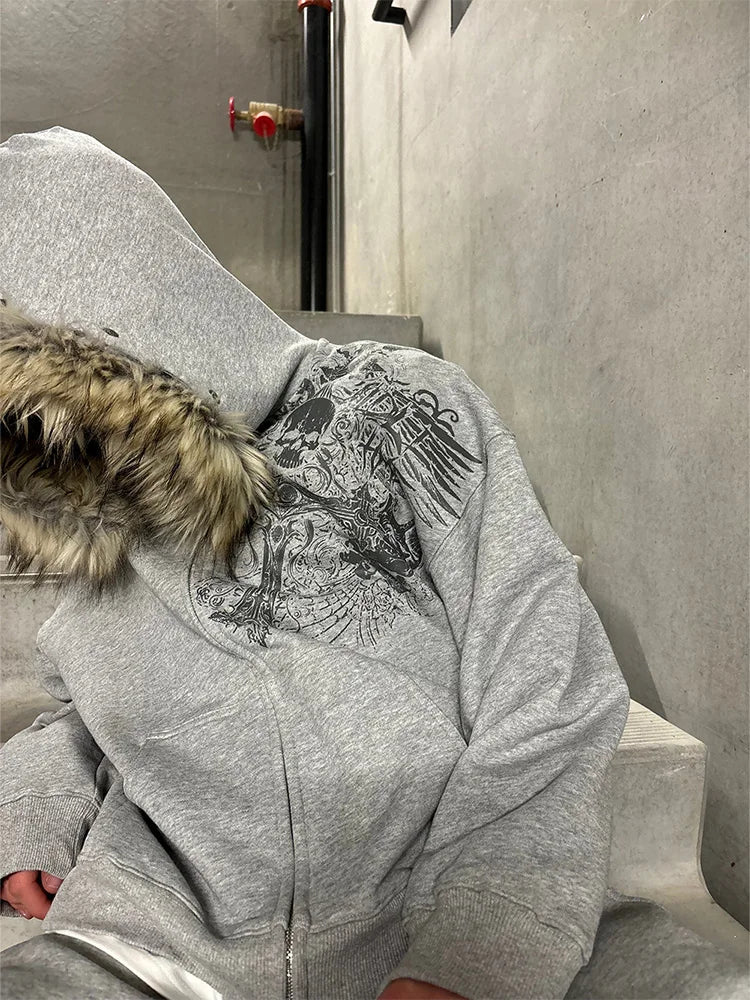 Autumn Winter Y2k Women Aesthetic Harajuku Faux Fur Collar Hoodies Clothes Graphic Hip Hop Punk Gothic Zip Up Hoodies 2026 New - Matrix-studios.com