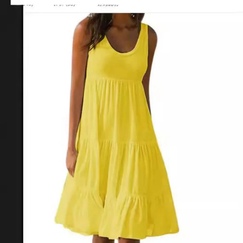 Bohemian Women's Casual O Neck Sleeveless Ruffle Mini Dress Solid Color Beach Tank Top Oversized Loose Dress Plus Size Women3029 - Matrix-studios.com
