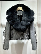 2024 Luxury Autumn Winter Real Natural Fox Fur Collar Washed Leather Coat Women Lace-up Faux Pu Leather Short Tassel Loose Coat - Matrix Studios