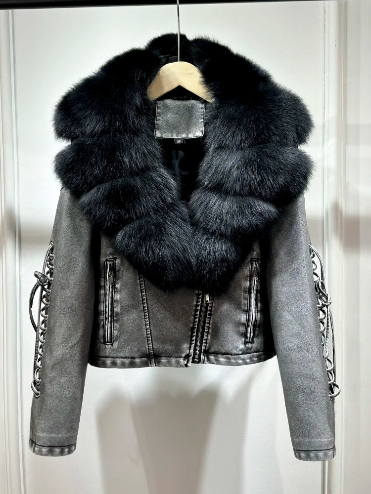 2024 Luxury Autumn Winter Real Natural Fox Fur Collar Washed Leather Coat Women Lace-up Faux Pu Leather Short Tassel Loose Coat - Matrix Studios