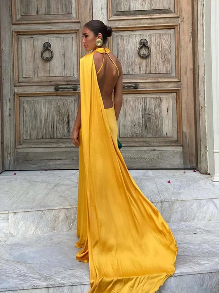 Elegant Ribbon Halter Dress Women Solid Off Shoulder Sleeveless Backless Slim Maxi Dresses 2025 Summer Autumn Party Robes Lady - Matrix-studios.com