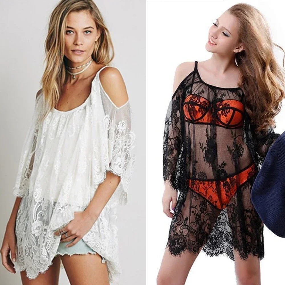Off Shoulder Lace Beach Cover Up Pareo Playa Coverup Dress Vestido Livre Swimsuit Wear Swimwear White Lace Women Beachwear - Matrix Studios