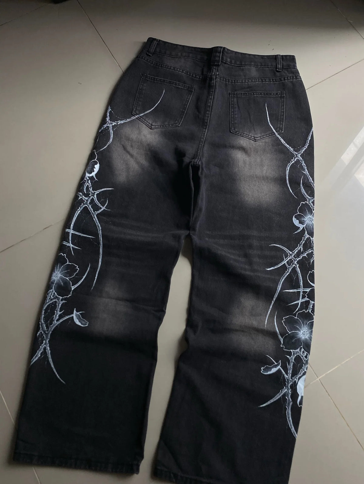 Y2K vintage black thorn Printing baggy jeans harajuku trend brand men women street hip hop fashion casual couple Wide-leg pants - Matrix Studios