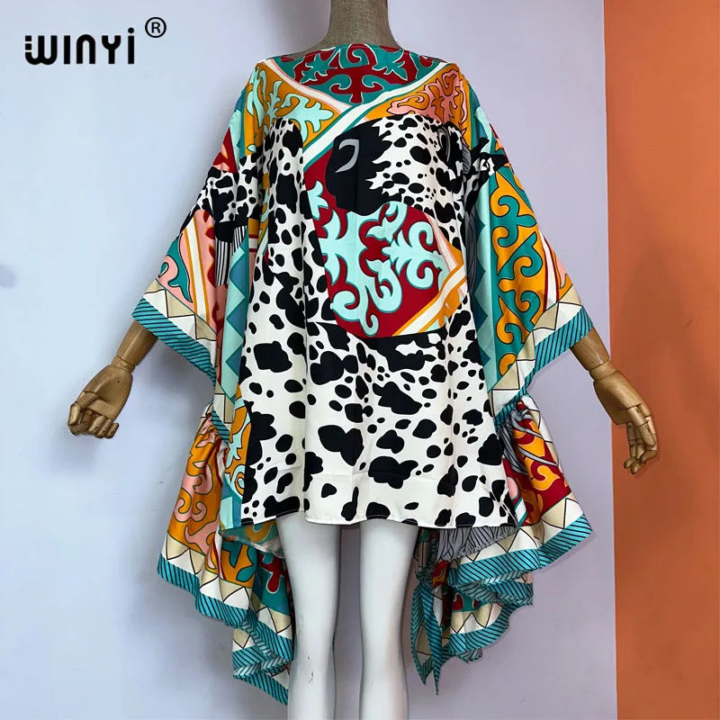 WINYI Women Summer Fashion Evening Party Beachwear Kuwait Bohemian Abaya Kaftan Puff Sleeve Sexy Elegant Beach Cover Up Dress - Matrix Studios