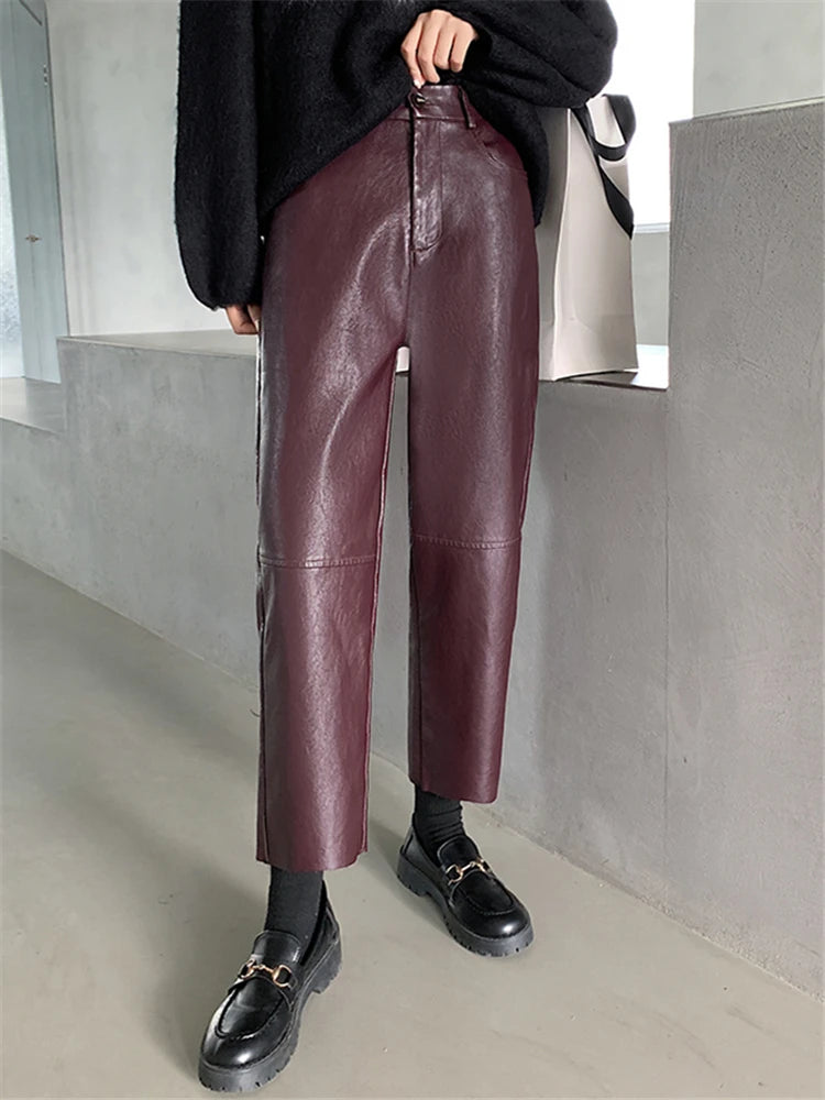 Seoulish Autumn Winter PU Faux Leather Women's Wide Leg Pants High Waist Female Casual Loose Ankle Length Trousers 2023 New