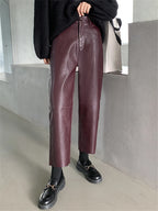 Seoulish Autumn Winter PU Faux Leather Women's Wide Leg Pants High Waist Female Casual Loose Ankle Length Trousers 2023 New