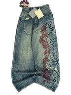 American Retro Streetwear Y2K Gray Printed Loose Jeans Hip Hop Harajuku Casual Washed Distressed Straight Floor Mopping Pants - Matrix Studios