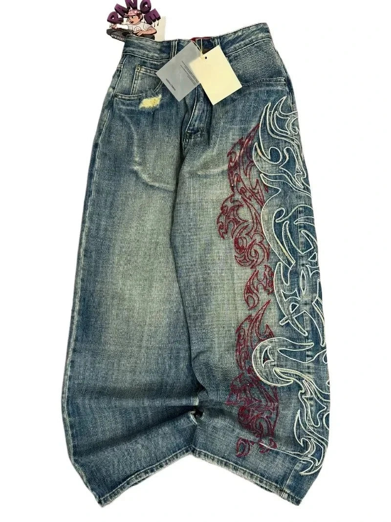 American Retro Streetwear Y2K Gray Printed Loose Jeans Hip Hop Harajuku Casual Washed Distressed Straight Floor Mopping Pants - Matrix Studios