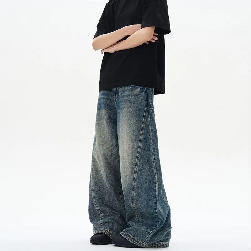 2025 Spring New Men's Jeans Oversized Wide Leg Pants Loose Vintage Patchwork Lightning Cracked Denim Trousers Streetwear Male - Matrix Studios