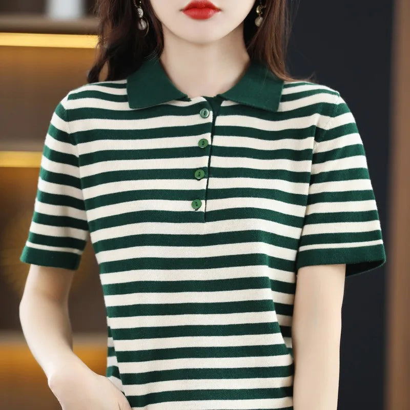 Summer 100% Cotton T-shirt Women Striped Clothing Korean Style POLO Neck Short Sleeve T-shirts Woman Fashion Casual Basic Tops - Matrix-studios.com