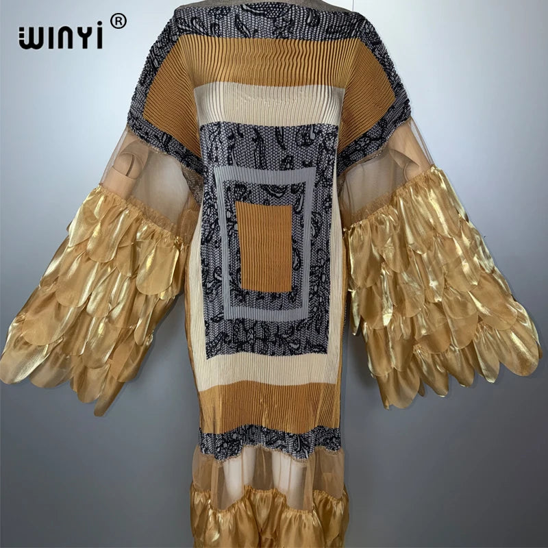 WINYI Pleated Elastic loose dress beach cover up kaftan abaya dubai luxury party dress fashion evening dress abaya muslim woman - Matrix-studios.com