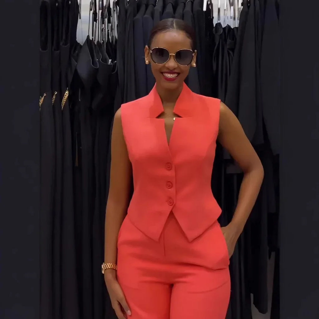 Two Piece Sets Women Pant Set V Neck Sleeveless Single Breasted Blazer Suits Tops Wide Leg Long Pants High Waist Matching Sets - Matrix-studios.com