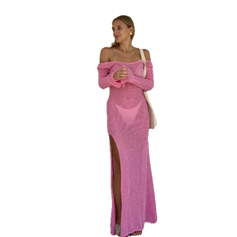 Side Slit Backless Knit Long Dress, Fashion Beach Vacation Long Sleeve Sun Protection Cover Up, All Seasons Fitted Plain Style - Matrix Studios