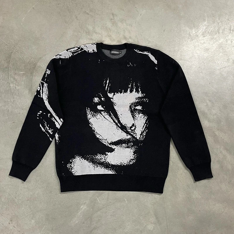 New Hip Hop Streetwear Knitted Sweater men Gothic portrait Print Pullover autumn Harajuku Cotton sweater women Oversized Sweater - Matrix Studios