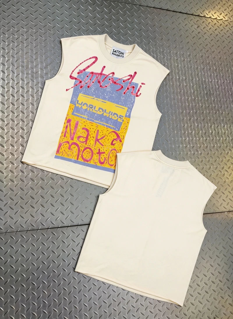 Summer American Street Satoshi Sleeveless Tshirts Classic Abstract Oil Painting Print Round Neck Vest Men Women Tank Tops - Matrix-studios.com