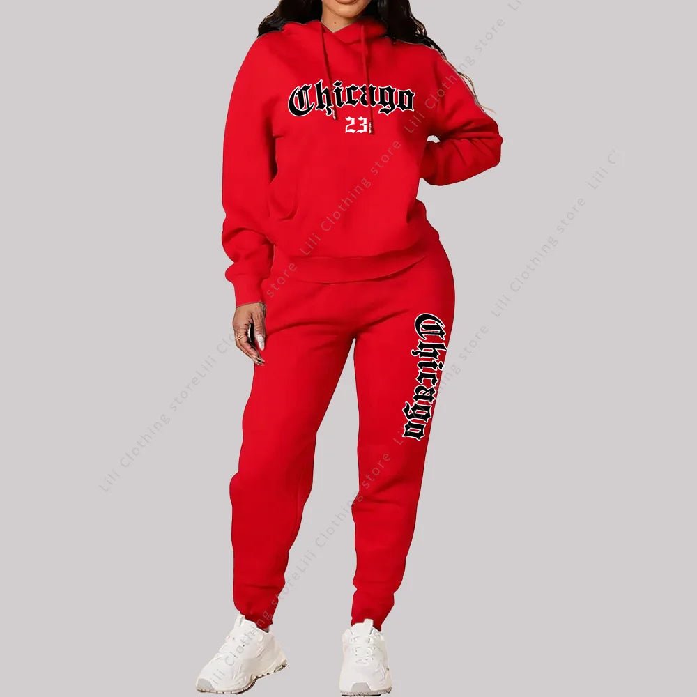 Women's Sets Hoodies Pants 2 Piece Outfits Aesthetic Sportswear Sweatsuit Chicago Graphic Letter Print Plus Size Pink Tracksuit - Matrix-studios.com
