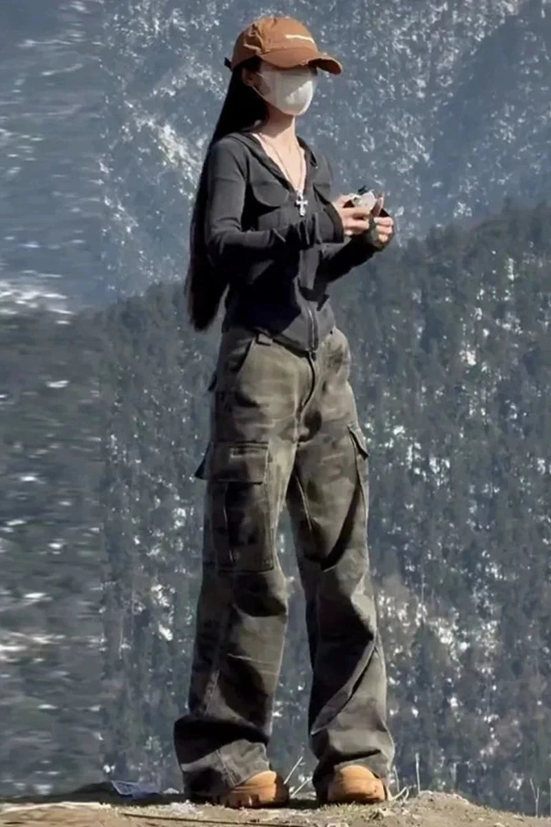 Y2k Clothes Jeans For Woman High Waist Flare Trousers Camouflage Cargo Wide Leg Straight Winter New Pants Slim Fit Fashion - Matrix-studios.com