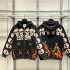2XL Hiphop Street Distressed Washed Worn SATOSHI Zip-up Hoodie Flame Skeleton Vintage Faded Print Jacket Men Women Terry Outfit - Matrix-studios.com