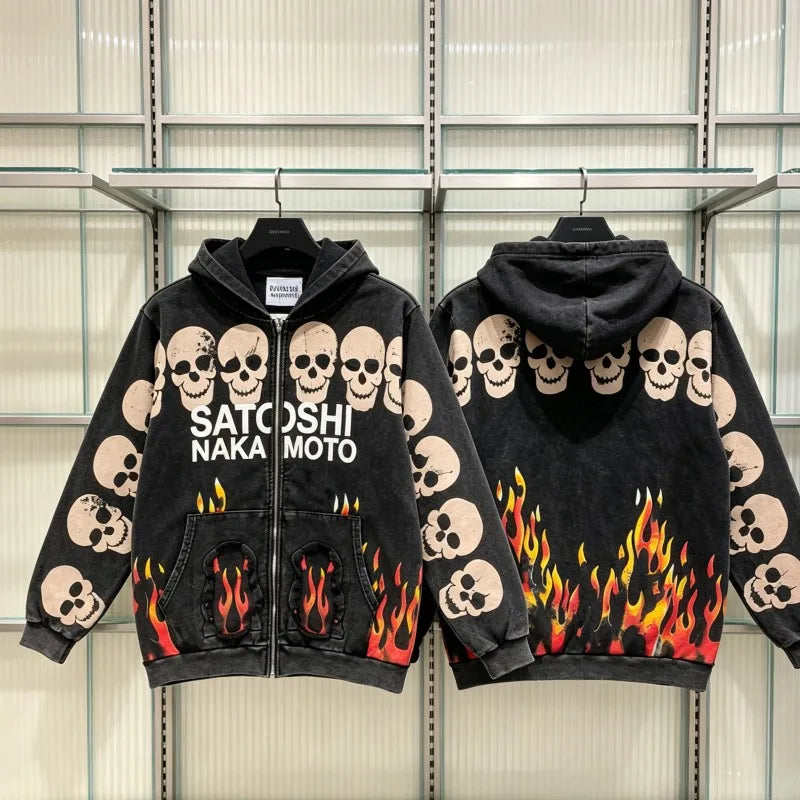 2XL Hiphop Street Distressed Washed Worn SATOSHI Zip-up Hoodie Flame Skeleton Vintage Faded Print Jacket Men Women Terry Outfit - Matrix-studios.com