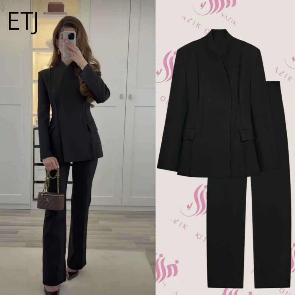 ETJ 2025 women's new fashion design three-dimensional cut high collar slim suit jacket & matching casual trousers - Matrix-studios.com