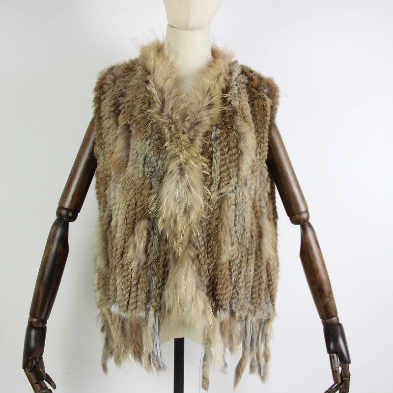 Harppihop womens natural real rabbit fur vest with raccoon fur collar waistcoat/jackets rex rabbit knitted winte - Matrix Studios