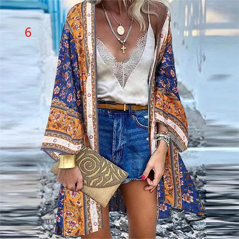 WeHello 2023 Summer Bohemian Casual Cloak Cardigan for Swimsuit woman Beach Swimwear Tops Long Sleeved Shawl Chiffon Shirt - Matrix Studios
