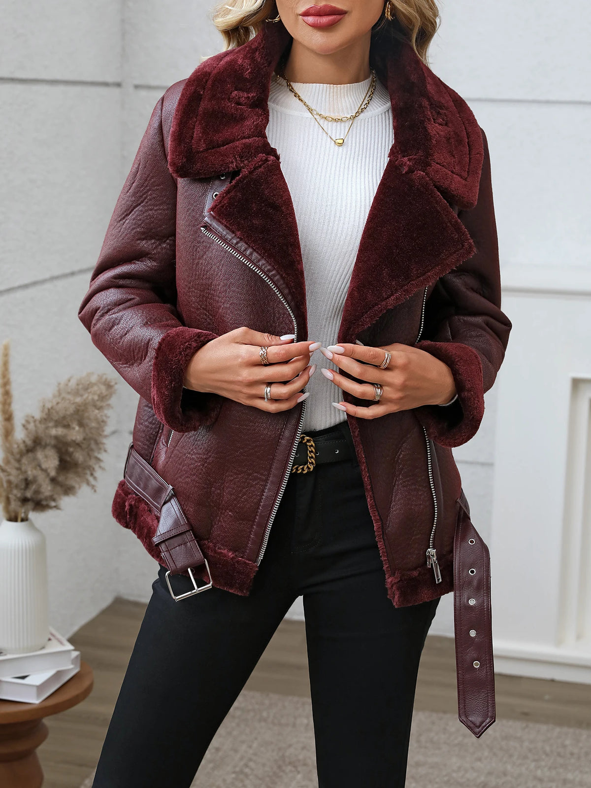 FTLZZ Winter Women Faux Fur Leather Jacket High Street Motorcycle Outwear Casual Lady Thick Warm Leather Jacket - Matrix Studios