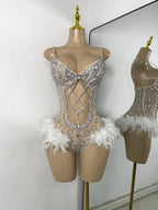 Luxury Women Sexy Shiny Crystal Feathers Hollow Out Bodysuit Nightclub Performance Dance Costume Nightclub Singer Stage Wear - Matrix Studios