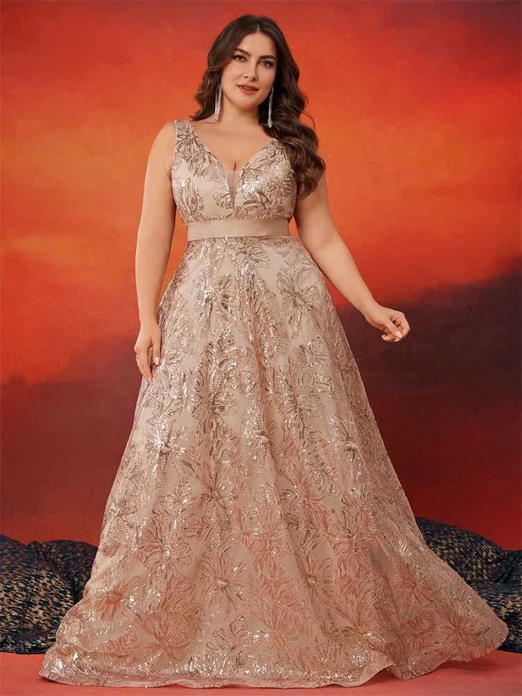 Plus Size Luxury Deep V-Neck Sequins Blue Evening Dress Women Elegant V-back Wedding Party Long Prom Cocktail Dresses - Matrix Studios