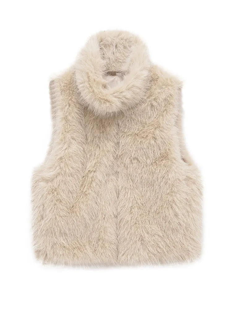 HH Women Elegant Solid Faux Fur Waistcoats Turtleneck Sleeveless Vest Coat Autumn Winter Fashion Hight Street Lady Outfit - Matrix Studios