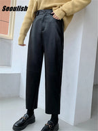 Seoulish Autumn Winter PU Faux Leather Women's Wide Leg Pants High Waist Female Casual Loose Ankle Length Trousers 2023 New