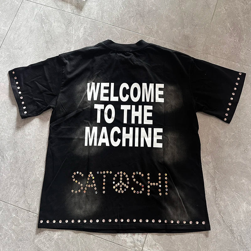 American Street Satoshi Mechanical Jesus Print t shirt Short Sleeve Washed Vintage Style Men's Tee Shirts Summer Trend Clothing - Matrix-studios.com