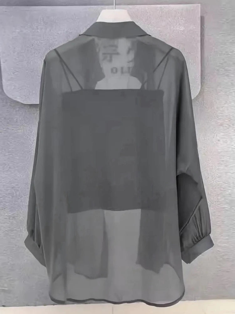 Plus Size Women’s Tops 2025 Summer Breathable and Sun-Proof Ice Silk Button Thin Loose Sheer Chiffon Blouses Shirts Long Sleeve - Matrix-studios.com