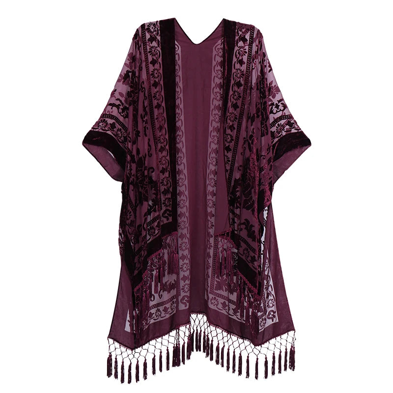 MJSERECA New Bohemian Burnt Plush Kimono for Woman Long Cardigan With tassel Beach Cover-up Casual Cardigan Shawl Chiffon Shirt - Matrix Studios