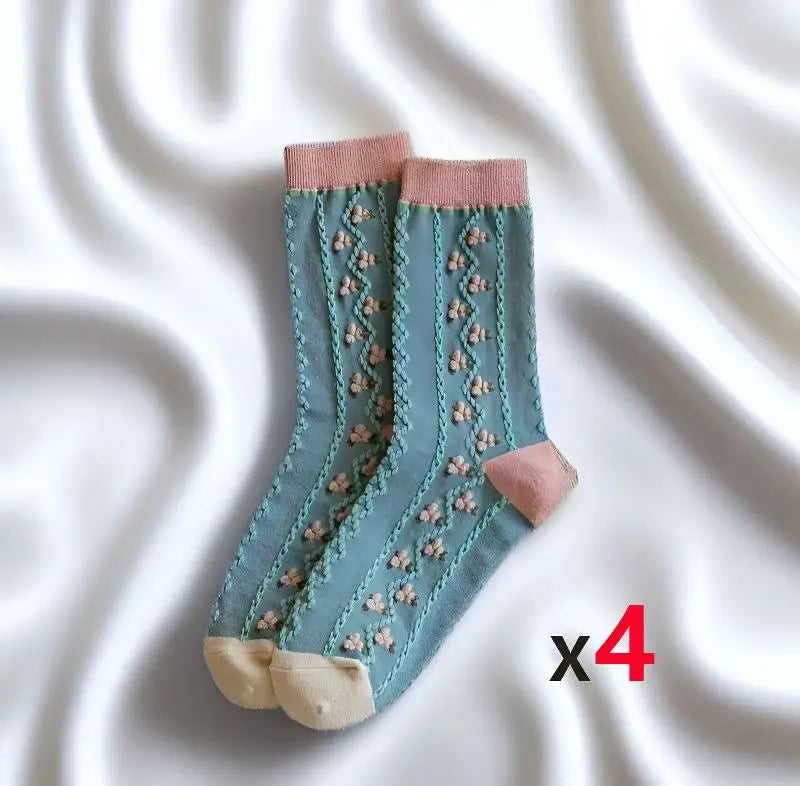 4Pairs Floral Socks Set Women Cute Flower Geometric 3D Textured Ankle Cottagecore Lucky Socks Fashionable Casual Mid Cub Socks - Matrix Studios