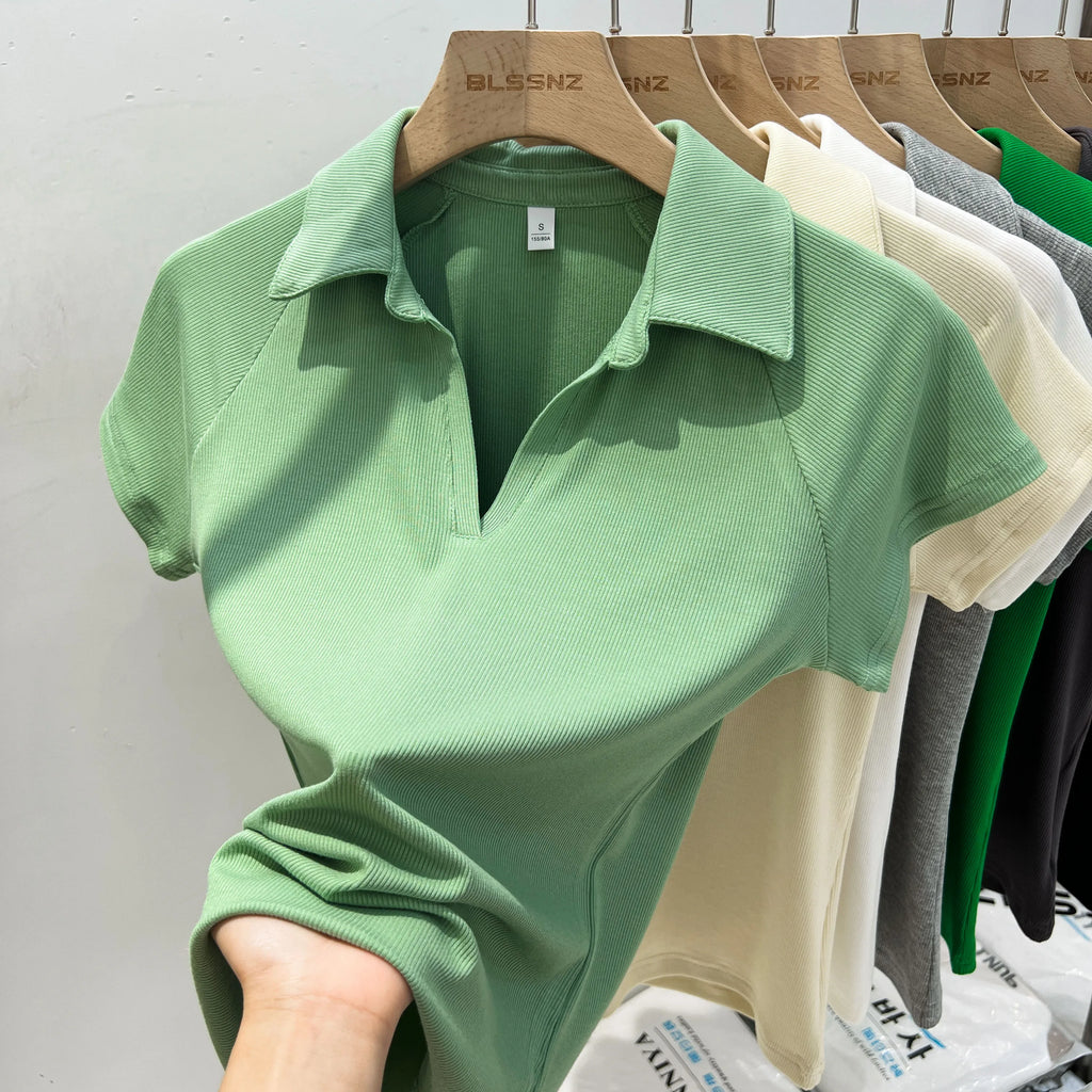 Niche Design Slim Fit Short Sleeve Women T-Shirt 2026 Summer New Arrival V-Neck Polo Shirt Unique Elegant Top Korean Solid Tee - Matrix-studios.com