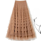Sweet Layered Cake Me Skirt Elastic Waist Princ Long Dr Korean Sle High Waist Polyester Fabric Mid-Length Skirt - Matrix-studios.com