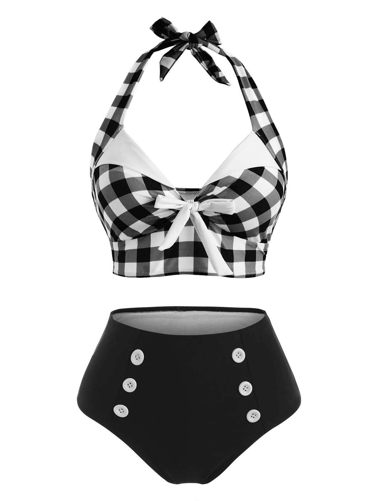 Dressfo Women's Tummy Control Tankini Swimwear Vintage Plaid Print Swimsuit Corset Style Mock Button Summer Beach Bathing Suit - Matrix-studios.com