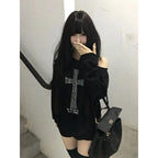 Seeslim Cross One-shoulder Graphic Hoodies Long Sleeve Black Women's Sweatshirts Harajuku Grunge 2000s Clothes Y2k Autumn Tops - Matrix-studios.com