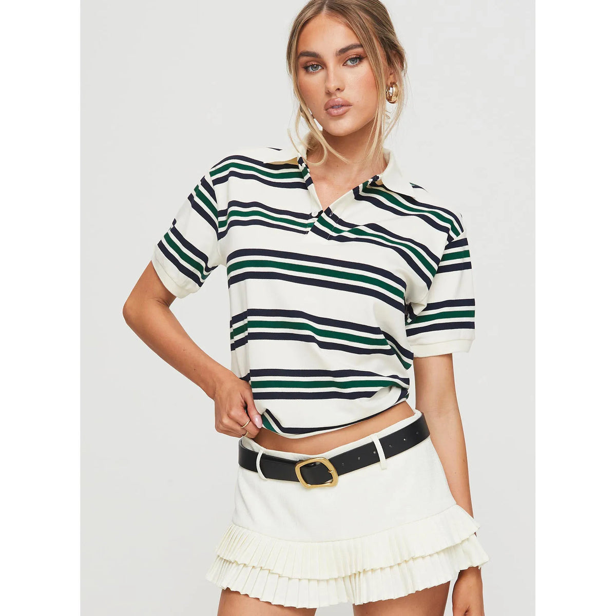 Summer Ladies Polo Shirts Woman Brown Striped Vintage Clothes Polo Shirts Green Stripe Print Mujer Short Sleeve Tees Casual - Matrix-studios.com