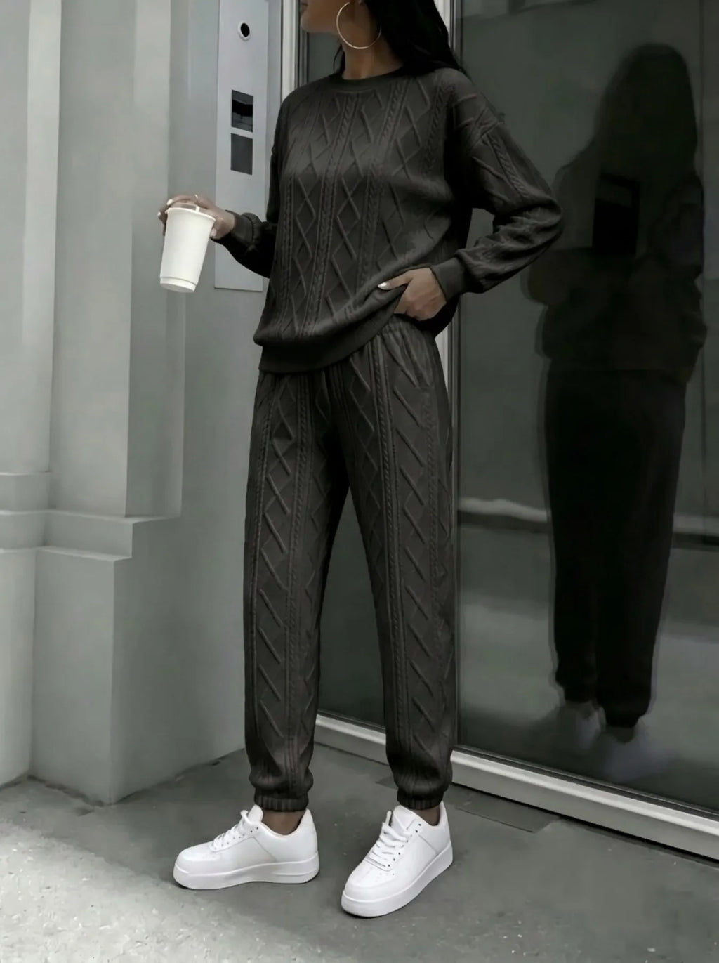 Women Cable Knit 2 Piece Outfit Set, Crewneck Long Sleeve Sweater Top & Drawstring Jogger Pants, Casual Loose Matching Loungewear Tracksuit For Street Daily Wear