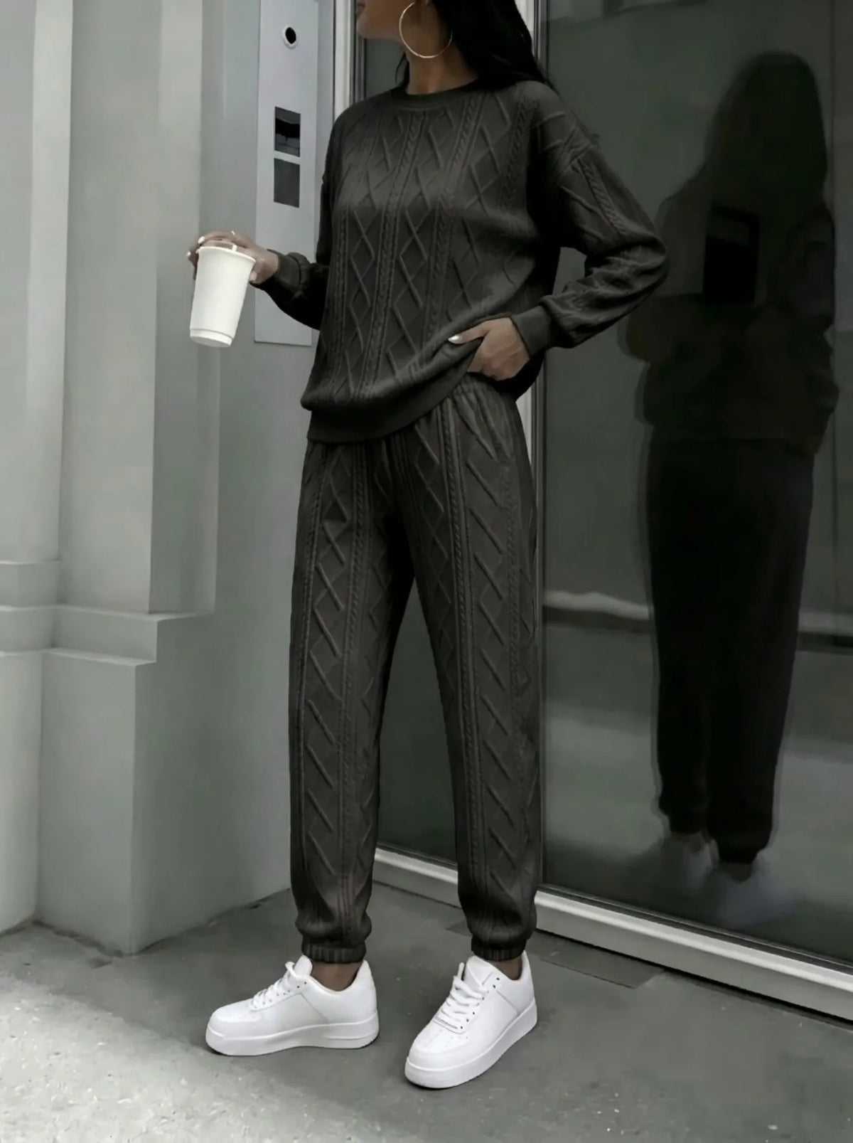 Women Cable Knit 2 Piece Outfit Set, Crewneck Long Sleeve Sweater Top & Drawstring Jogger Pants, Casual Loose Matching Loungewear Tracksuit For Street Daily Wear